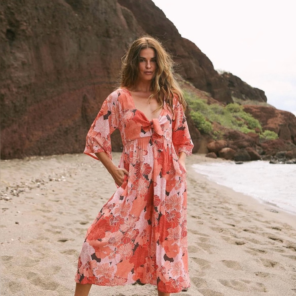 Ava Sky Coral and Brown Floral Dress